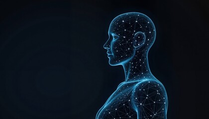 Digital human silhouette with glowing nodes and dark gradient background