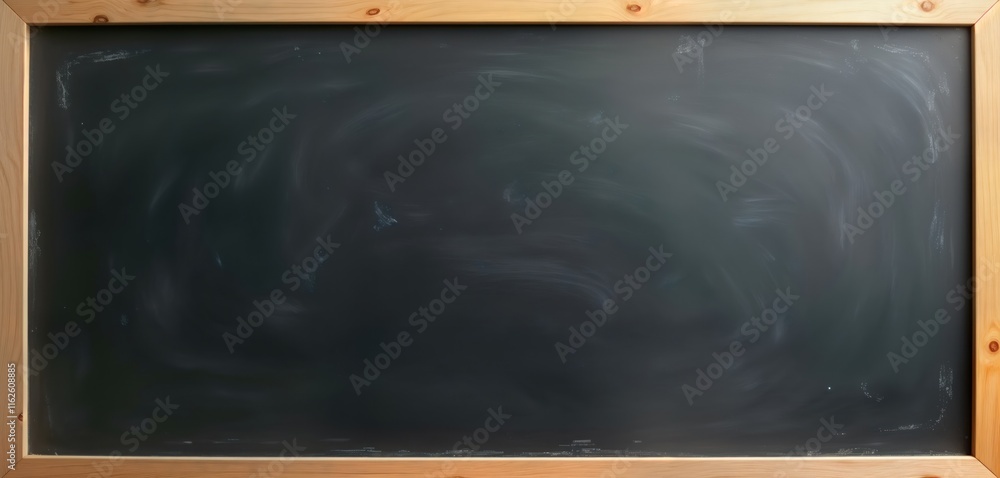 Poster blank dark blackboard with wooden frame. surface shows light smudges, rubs. ideal for education them