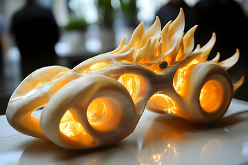 Illuminated 3D-printed art piece resembling a futuristic car, intricate design, warm light.