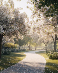 Obraz premium Blooming Cherry Blossoms in a Peaceful Park with Soft Sunlight and Scattered Petals