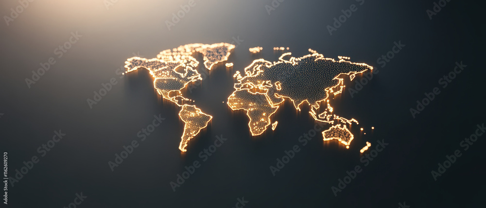 Poster abstract digital network concept with glowing world map, showcasing interconnected regions and data 