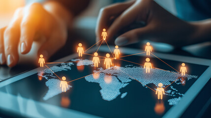 glowing human icons connected on a world map displayed on a tablet, symbolizing global communication, hiring, and HR technology