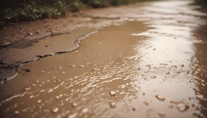 Gotas de lluvia que caen sobre una superficie mojada, creando salpicaduras y ondas en un charco o arroyo poco profundo. El fondo está borroso, lo que sugiere un entorno natural y lluvioso