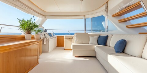 White boat with a large window and a couch. The couch is white and has blue pillows
