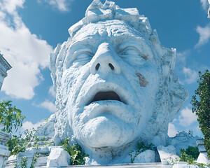 Immense weathered stone head sculpture, ancient ruins, overgrown with vegetation, against a vibrant blue sky.  A powerful image evoking mystery and history.