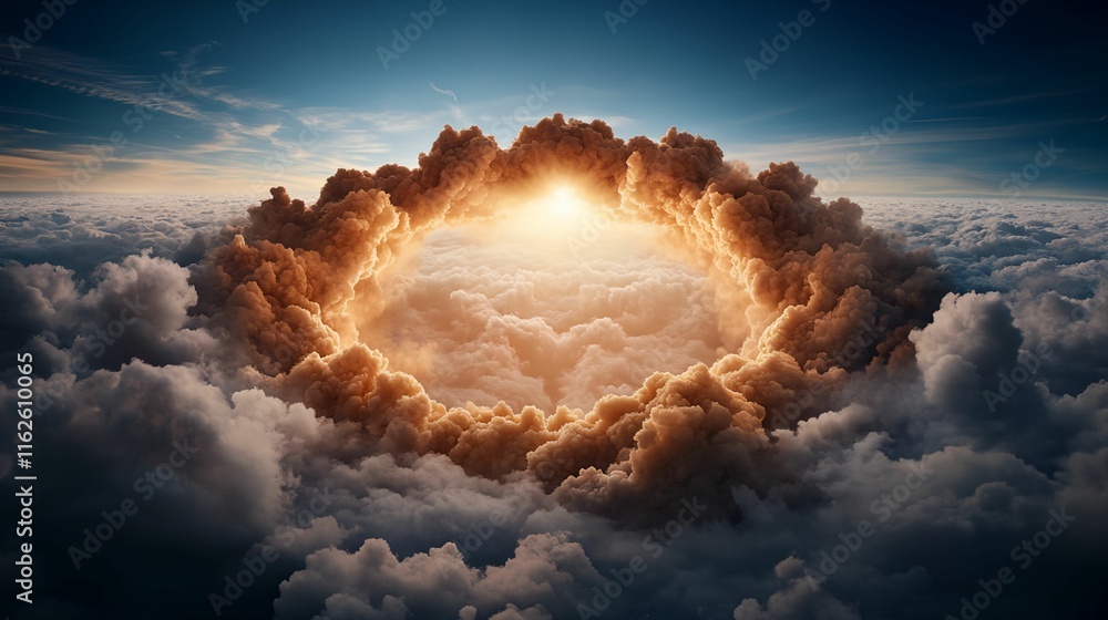 Poster large cloud with a sun in the middle. the cloud is very large and has a circular shape
