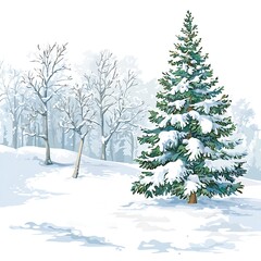 Fototapeta premium A Snow-Covered Evergreen Tree Stands Tall in a Winter Wonderland Landscape.