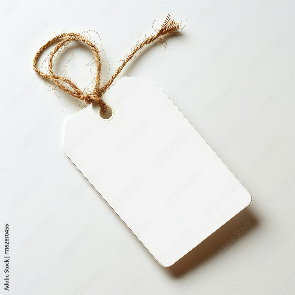 Poster a blank white tag with a jute string, often used for labeling or pricing items. isolated on white ba