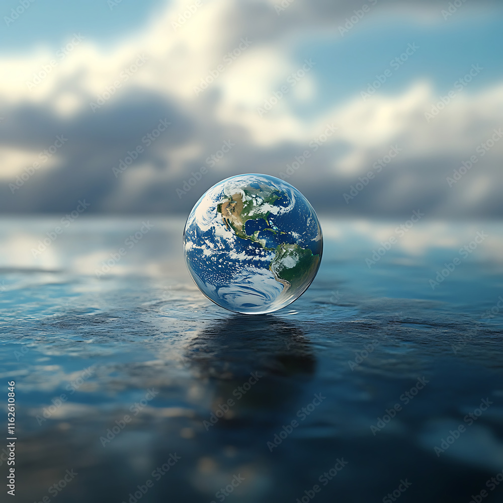 Poster image features surreal representation of earth encapsulated in drop of water, reflecting serene and 