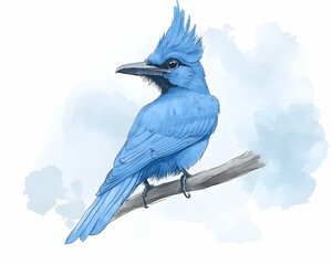 Stunning illustration of a vibrant blue Steller's Jay perched gracefully on a branch, set against a soft watercolor background.