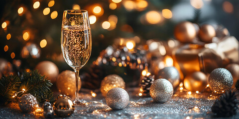 Festive Bokeh Effect with Shimmering Golden and Silver Christmas Lights, Champagne Glass, and Holiday Decorations for Celebration Concepts