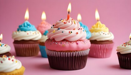 Un pastelito rosa con una vela encendida sobre un fondo rosa, rodeado de otros pastelitos