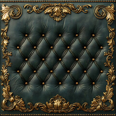 Luxurious green leather upholstery with ornate gold detailing, featuring tufted design and decorative elements that evoke elegance and sophistication