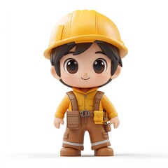 A charming 3D render of a smiling little boy dressed in a construction worker outfit. Adorable 3D construction worker Character