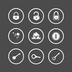 Lock and key icon set with home
