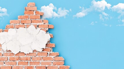 Obraz premium Broken Brick Wall with Blue Sky and White Clouds Background