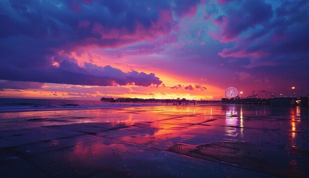 Vibrant sunset paints the sky with fiery hues, reflecting on the wet sand. A Ferris wheel stands silhouetted against the colorful backdrop.
