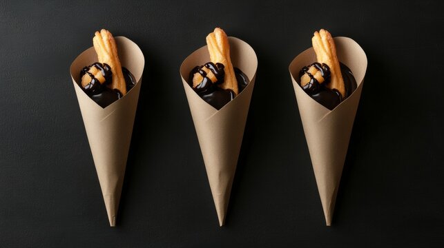 Three delicious churros dipped in chocolate, served in paper cornets on a black background, creating a tempting culinary scene