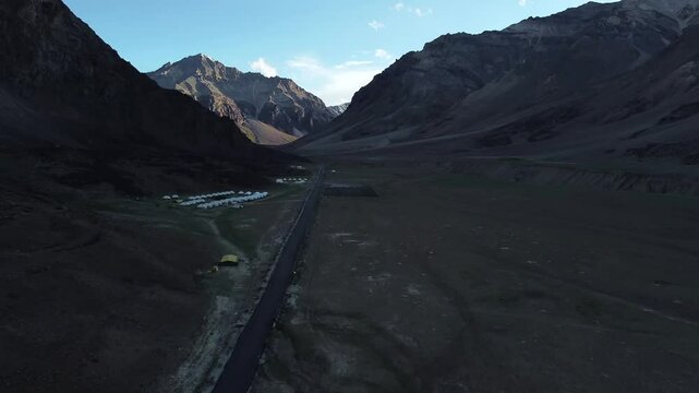 An aerial view of beautiful himalayan mountains in the evening at sarchu with tsarap river, keylong-leh road lahul, himachal pradesh, India.