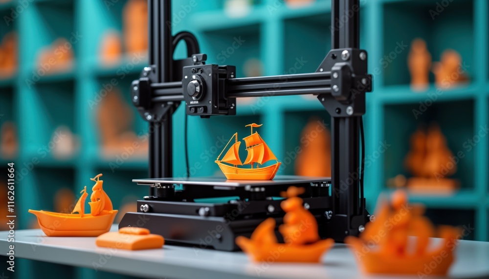 Poster Modern 3D printer creating orange ship model. Tech device focused on manufacturing with precise plastic material. Future of manufacturing. Student engineer using innovative tech in laboratory.