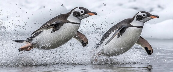 Obraz premium Two gentoo penguins leaping playfully through icy water, creating a splash.