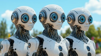 Cyber Automation. Three white futuristic robots standing outdoors tech