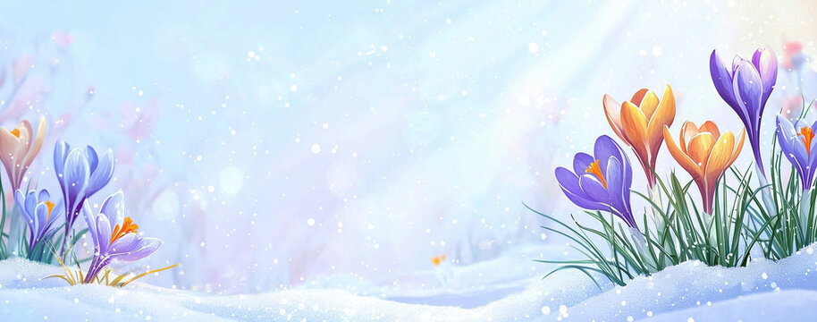 Beautiful spring background with colorful crocuses in the sun rays and ample space for your text, a wide banner with beautiful flowers blooming on the snow.