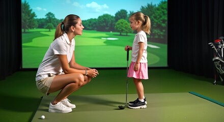 Athletic woman golf trainer coaches teenage girl in indoor golf simulator. Girl practices putt swing in virtual course. Trainer guides child through golf lesson. Tech helps young golfer learn new