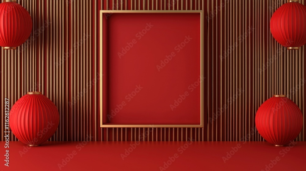 Poster red decorative background with lanterns and empty frame display