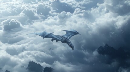 Fototapeta premium Majestic Ice Dragon Soaring Above Clouds and Mountains