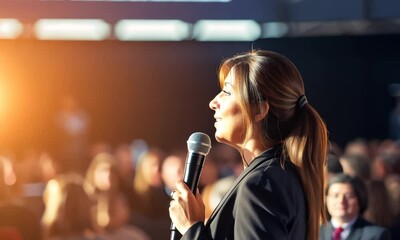 Middle aged woman motivational speaker at a conference speaking at public