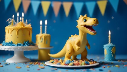 Una figura de dinosaurio de juguete amarillo parada junto a un pastel de cumpleaños con una vela encendida sobre un fondo azul con confeti