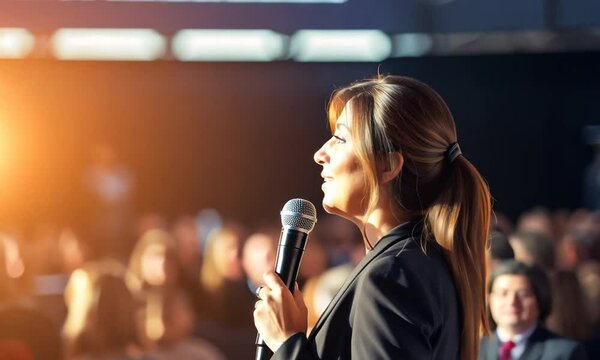Middle aged woman motivational speaker at a conference speaking at public