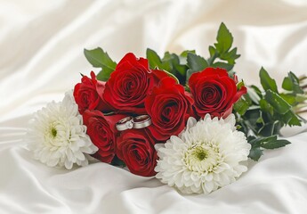 Stunning Red Roses and Wedding Rings on Silk