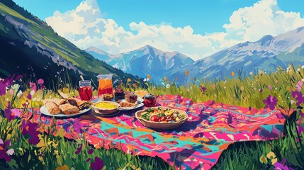 A picturesque mountaintop picnic with delectable food and drinks