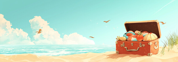 Beautiful summer background with an open suitcase full of beach accessories on the sand, near the sea, with space for text, suitable for a banner design.