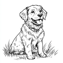 A cheerful, cartoon-style illustration of a golden retriever sitting on grass, with a big smile and a playful expression.