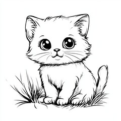 A cute, cartoon-style illustration of a kitten sitting in grass, featuring large eyes and a fluffy coat.