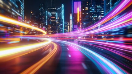 Naklejka premium Vibrant Night Cityscape with Motion Trails of Light from Cars in Urban Environment