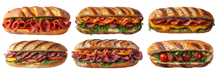 sandwiches set, long bread sandwich with pastrami, cheese, green salad, arugula, vegetables and meat,  baguette sandwich with meat, ham, cheese and vegetables