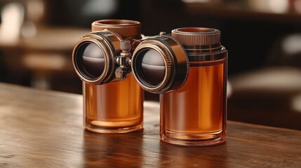 Retro Optics. Royal honey Visor glasses Perfumer Temperature flask Bforartists serum CGTrader honeygain Boozy tea Blenderkit Pair of vintage binoculars with leather case on wooden t