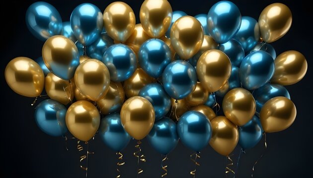 Un mont&oacute;n de globos dorados brillantes sobre un fondo oscuro