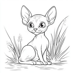 A cute, cartoon-style illustration of a sitting cat with large eyes and prominent ears, surrounded by grass.