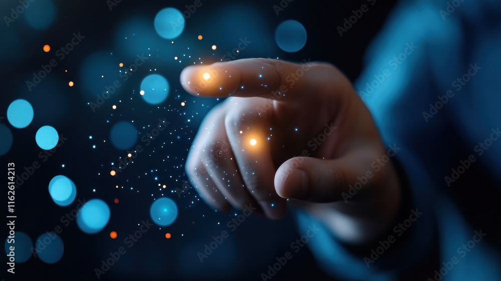 Poster hand reaching out to touch glowing digital particles in dark space, creating sense of wonder and inn