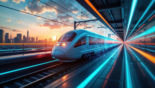 Futuristic high-speed train travels to tech future. Modern train moves fast on tracks. Cityscape in background. Wireless network system concept. Hologram effect. Fast transit transportation. Public
