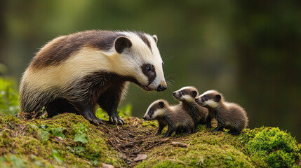 Mother badger and her playful cubs in a lush forest setting during the day