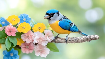 Obraz premium Colorful Bird on Branch with Spring Flowers