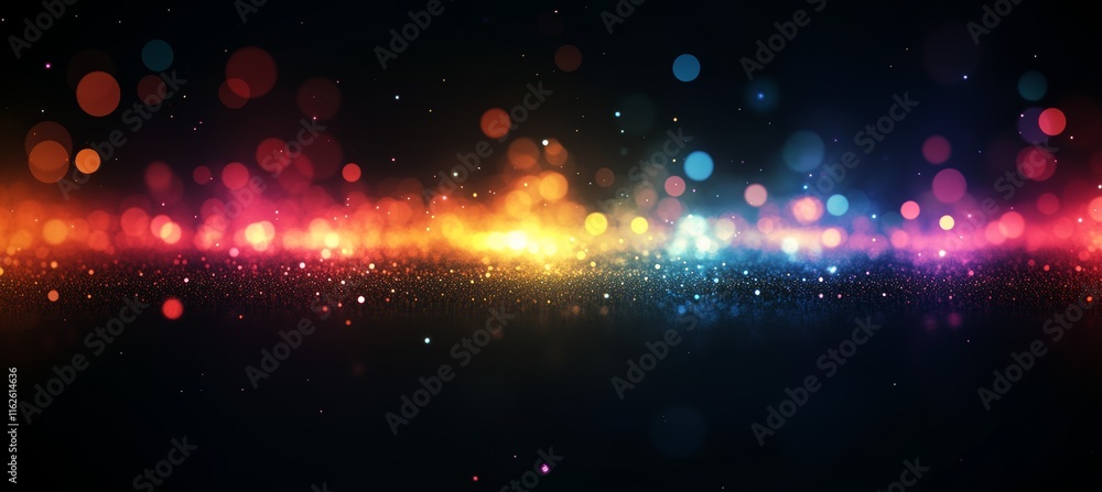 Poster bokeh colorful blink lights sparkle on dark space background. generative ai technology.