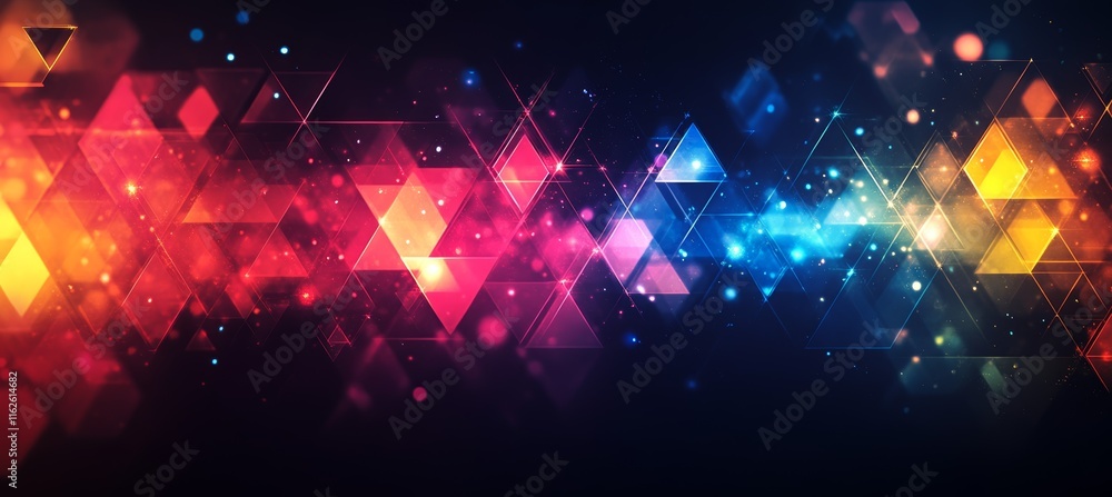 Poster shiny colorful geometric triangle pattern lights sparkle on dark background. generative ai technolog
