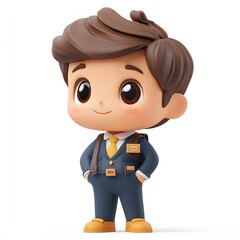 Fototapeta premium A charming 3D rendered image of a cute little boy dressed in a school uniform. He looks cheerful and happy. Adorable 3D real estate agent Character